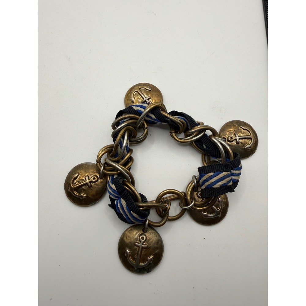 Vintage Nautical Anchor Charm Bracelet Brass Tone Blue White Striped Cord Toggle